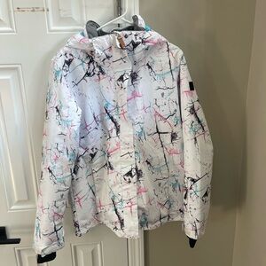 Women’s ski jacket Marble-Print Hooded Jacket with Pink & Teal Accents. Size L
